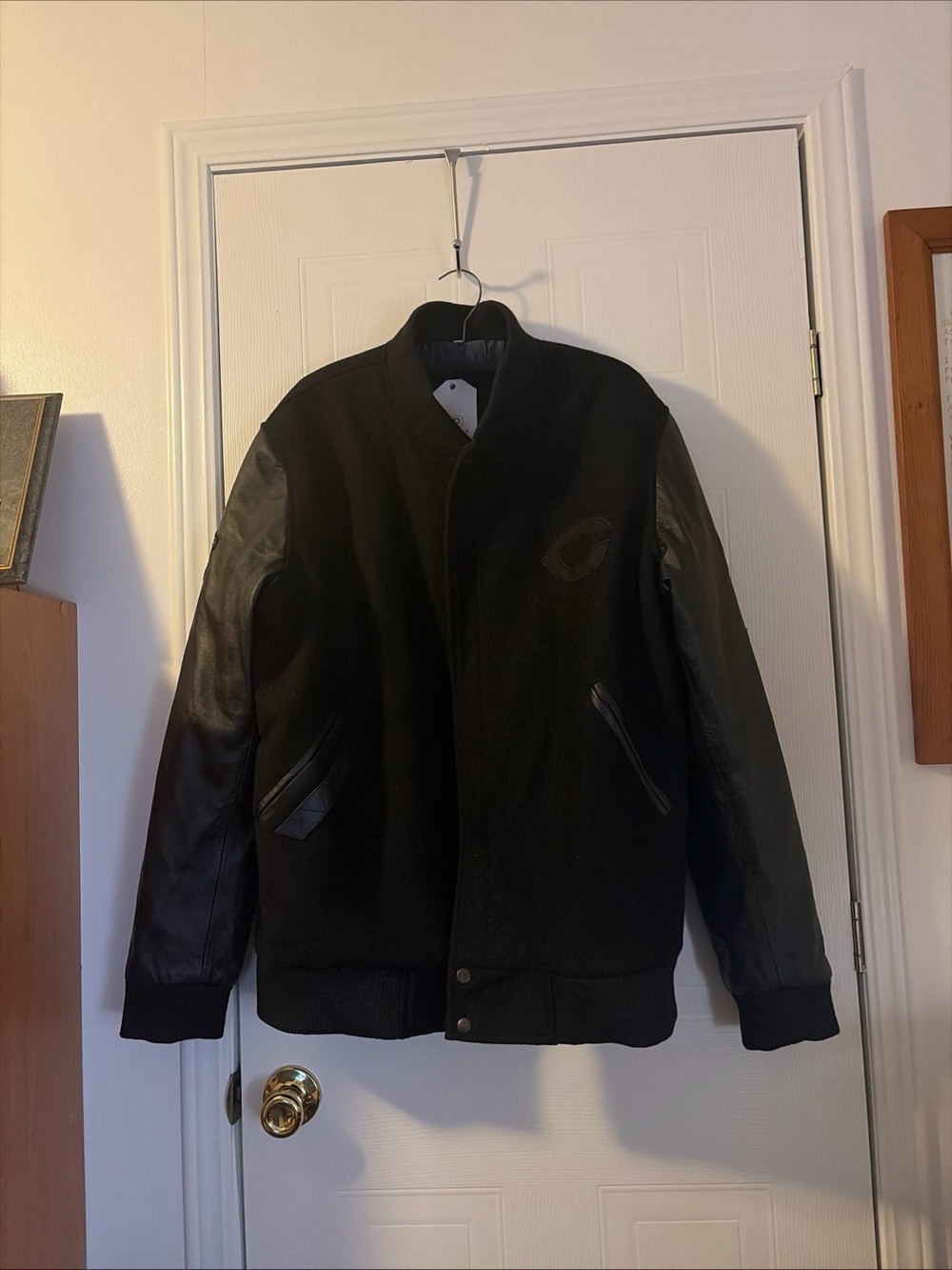 Chicago Bears Logo Full-Zip Black Wool Genuine Leather Varsity Letterman Jacket